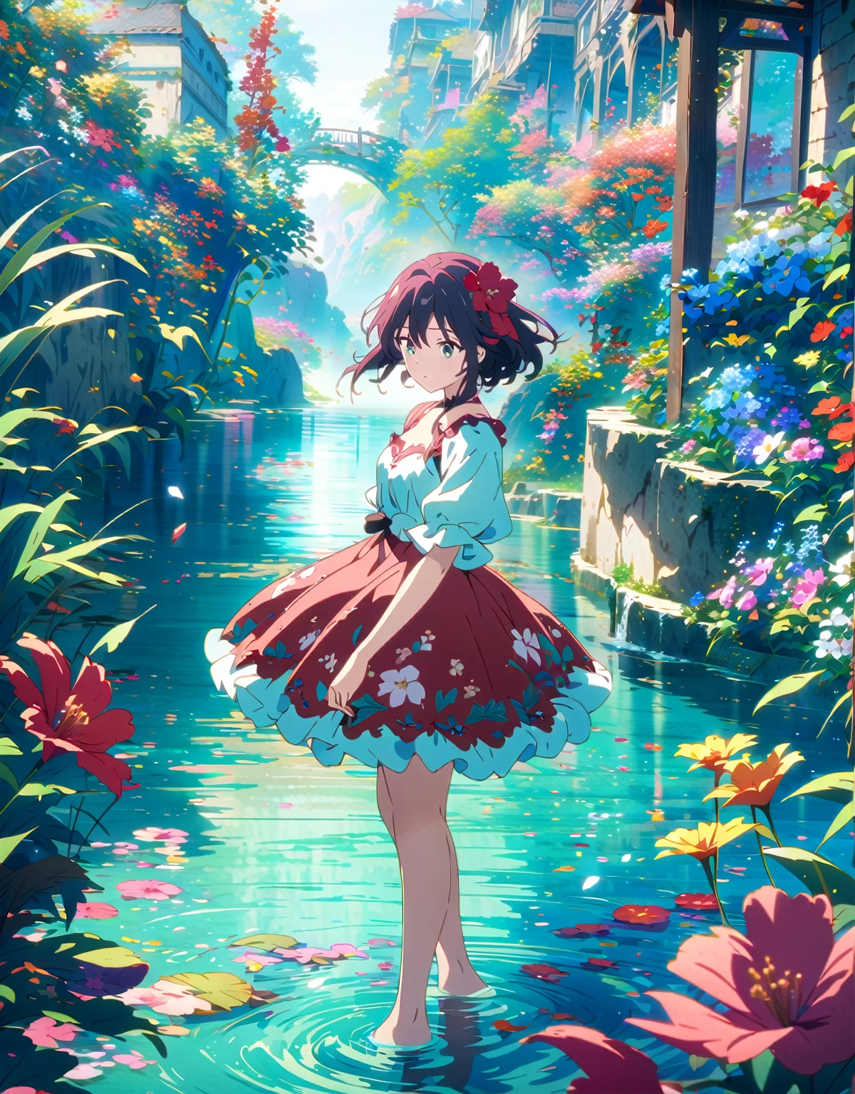 Nice body, beautiful 肌. oily 肌. Very delicate and beautiful. Very detailed. Clear Eyes. Red hair,Anime girl in a red dress standing in a garden with flowers, Anime Style 4 k, anime art wallpaper 4k, anime art wallpaper 4k, アニメアート壁紙 8K, Beautiful anime artwork, Anime girl walking on water, Makoto Shinkai Cyril Rolland, Beautiful digital art, Beautiful anime art, Beautiful Art UHD 4K, Anime Style. 8K