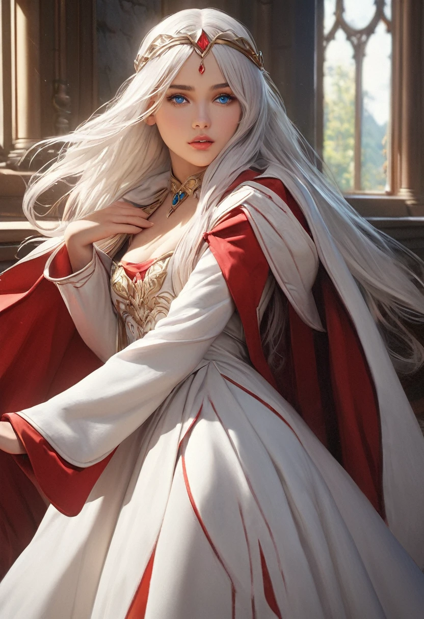 (best quality,4k,8k,highres,masterpiece:1.2), ultra-detailed, (realistic,photorealistic,photo-realistic:1.37),((Highly detailed CG Unity 8k wallpaper)), masterpiece, Super detailed, floating, High resolution, Sexually suggestive, (small, Extremely long white hair, Princess, White Mage, blue eyes, (It has long, wide sleeves and intricate embroidery. A gorgeous layered long dress in white and red with a sheer look), Bridal Veil, Circlet, Bridal Gauntlet, Blushing, shy, arched back, Frilled petticoat, Glamorous corset,