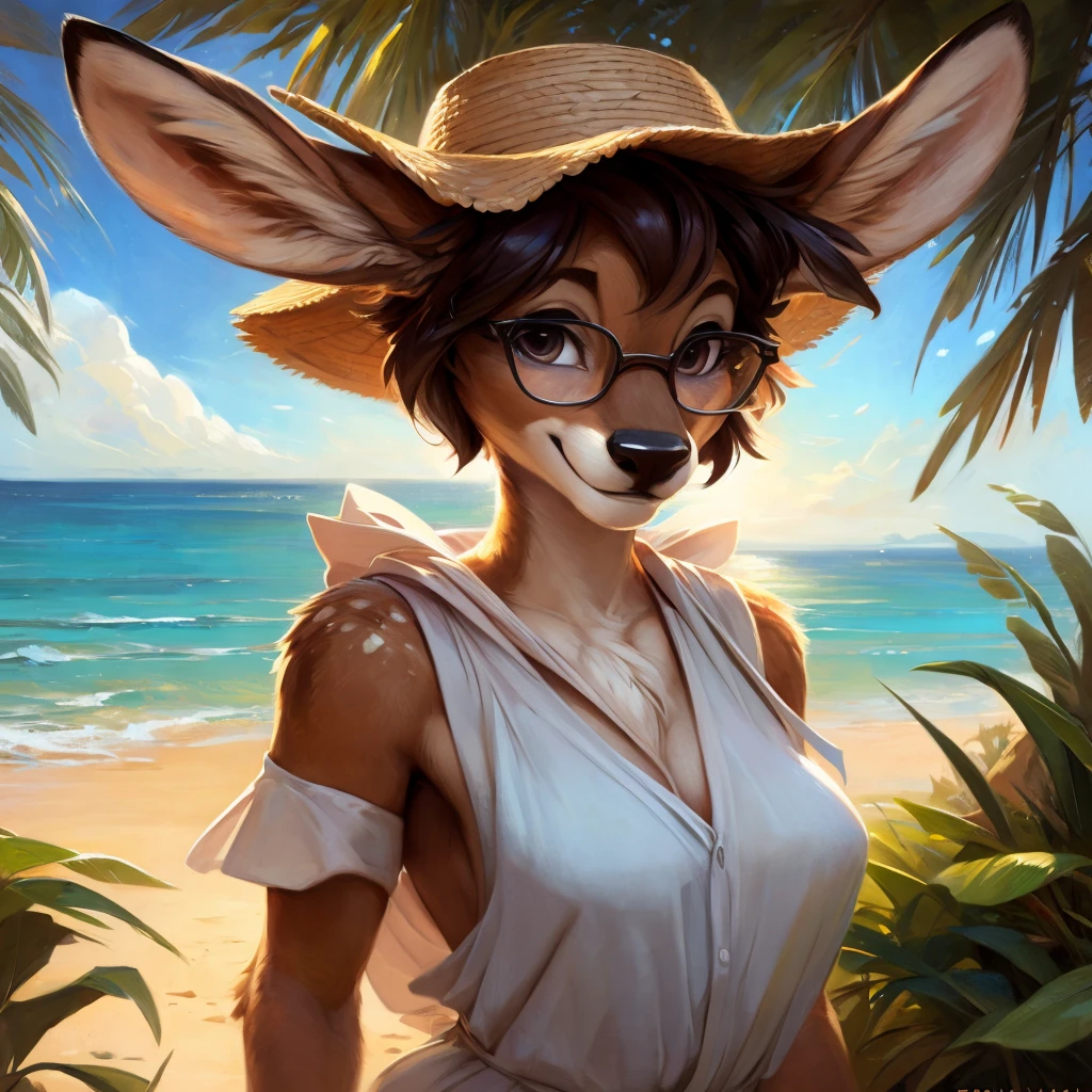 uploaded on e621, by Pixelsketcher, by Bayard Wu, by Thomas Benjamin Kennington , by Einshelm, by hioshiru and kenket, Chunie, portrait, solo anthro female deer doe, with small featureless breasts, clear dark blue, cinematic lighting, day, sunny day, beach, stays in the sea, sea background, mediterranean background, horizon background, shiny, short curly dark brown hair, wears big black nerd glasses, very very beautiful furry art, furry art, smiling, joyful, shiny, happy, feminine, cute face, muzzle, fluffy chest, flawless face, Fallow deer, 1girl, Sakimichan is beautiful, Masterpiece, Wavethesallow Face, shiny, Detailed image, portrait, Detailed image, portrait, full body, wearing wide, long, white blouse, wearing big and wide beige summer straw hat, shiny, realistic face, perfect anatomy, hourglass body, (furry body:1.1), anthropomorphic deer, looks at the viewer, small fluffy tail, detailed background, (cute anatomy:1.1), windy, smiling, very happy, happy
