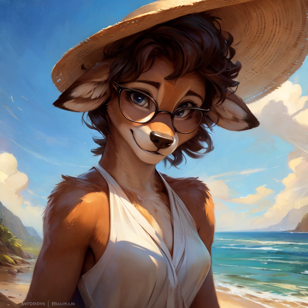 uploaded on e621, by Pixelsketcher, by Bayard Wu, by Thomas Benjamin Kennington , by Einshelm, by hioshiru and kenket, Chunie, portrait, solo anthro female deer doe, with small featureless breasts, clear dark blue, cinematic lighting, day, sunny day, beach, stays in the sea, sea background, mediterranean background, horizon background, shiny, short curly dark brown hair, wears big black nerd glasses, very very beautiful furry art, furry art, smiling, joyful, shiny, happy, feminine, cute face, muzzle, fluffy chest, flawless face, Fallow deer, 1girl, Sakimichan is beautiful, Masterpiece, Wavethesallow Face, shiny, Detailed image, portrait, Detailed image, portrait, full body, wearing wide, long, white blouse, wearing big and wide beige summer straw hat, shiny, realistic face, perfect anatomy, hourglass body, (furry body:1.1), anthropomorphic deer, looks at the viewer, small fluffy tail, detailed background, (cute anatomy:1.1), windy, smiling, very happy, happy
