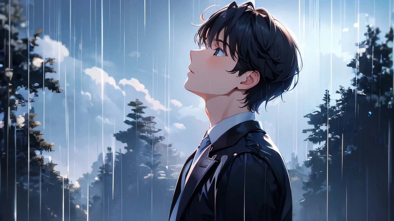 Very high quality: A beautiful young man looking up at the rainy sky