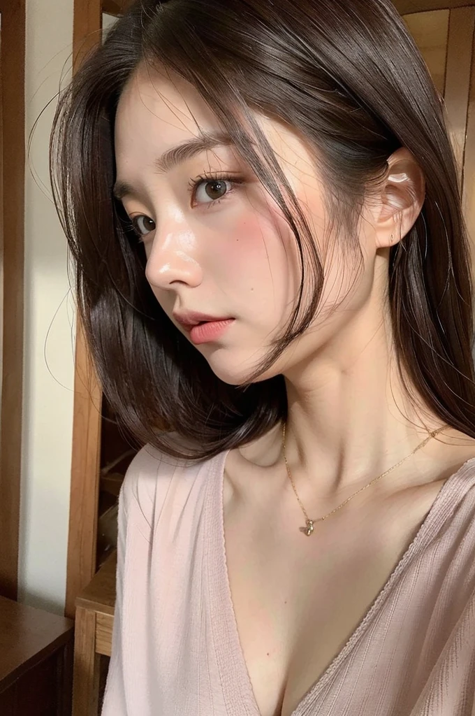 (Highly realistic photos, High resolution, Detailed face, Fine grain), ((Shooting in the room))、Japanese women, 20-year-old, A variety of expressions, alone:1, Slim figure, Various hairstyles, Casual clothing, 写真の中でalone、Selfie、Photographed in natural light、Simple Necklace、Spring Clothes、Looking at the camera、profile、Dark brown hair color、The chest is visible