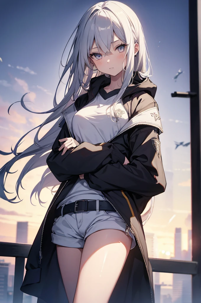 1girl, {Solitary}, Upper Body ,{{ {Watching at viewer}}}, Arms at your sides, Concept Art, white Background, simple Background, White hair, Silver gradient hair , Composite cloth, Asymmetrical clothes, Virtual YouTuber, best quality, masterpiece, Dynamic Angle, guilty gear, guilty gear, guilty gear, cowboy_shooting, Watching_Back, grab, girl,Miss,woman, young,20 years old, Very long hair, Hair Flip, Silver Hair, Flowing hair, Ahog, giggle, Beautiful and delicate golden eyes, teeth, Moderate_breast, Blonde eyes, White skin, hoodie, Black_shorts, Gray clothes, transparent_Background, Backlighting, absurd, high resolution, Extremely detailed,sweater