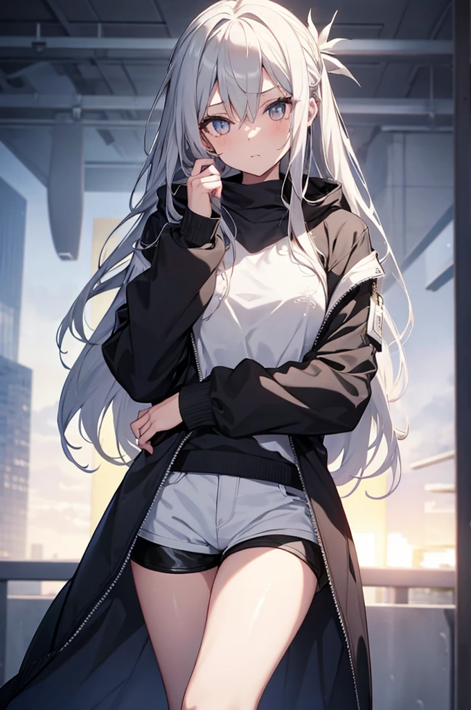 1girl, {Solitary}, Upper Body ,{{ {Watching at viewer}}}, Arms at your sides, Concept Art, white Background, simple Background, White hair, Silver gradient hair , Composite cloth, Asymmetrical clothes, Virtual YouTuber, best quality, masterpiece, Dynamic Angle, guilty gear, guilty gear, guilty gear, cowboy_shooting, Watching_Back, grab, girl,Miss,woman, young,20 years old, Very long hair, Hair Flip, Silver Hair, Flowing hair, Ahog, giggle, Beautiful and delicate golden eyes, teeth, Moderate_breast, Blonde eyes, White skin, hoodie, Black_shorts, Gray clothes, transparent_Background, Backlighting, absurd, high resolution, Extremely detailed,sweater