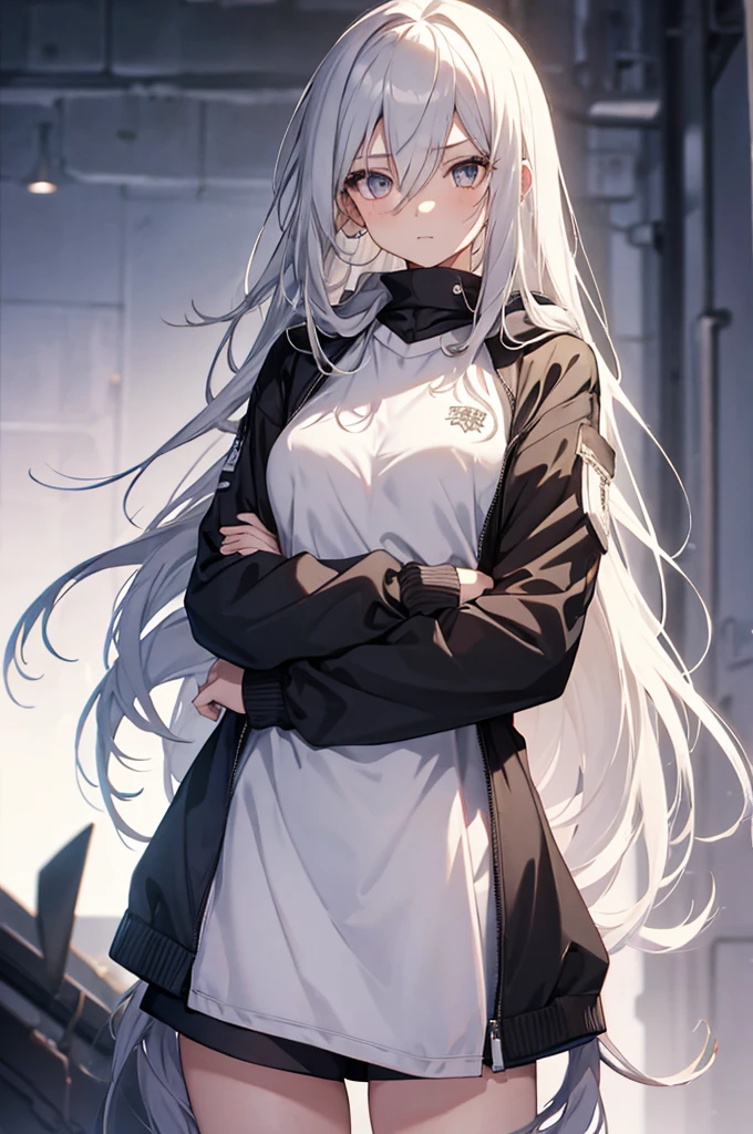 1girl, {Solitary}, Upper Body ,{{ {Watching at viewer}}}, Arms at your sides, Concept Art, white Background, simple Background, White hair, Silver gradient hair , Composite cloth, Asymmetrical clothes, Virtual YouTuber, best quality, masterpiece, Dynamic Angle, guilty gear, guilty gear, guilty gear, cowboy_shooting, Watching_Back, grab, girl,Miss,woman, young,20 years old, Very long hair, Hair Flip, Silver Hair, Flowing hair, Ahog, giggle, Beautiful and delicate golden eyes, teeth, Moderate_breast, Blonde eyes, White skin, hoodie, Black_shorts, Gray clothes, transparent_Background, Backlighting, absurd, high resolution, Extremely detailed,sweater