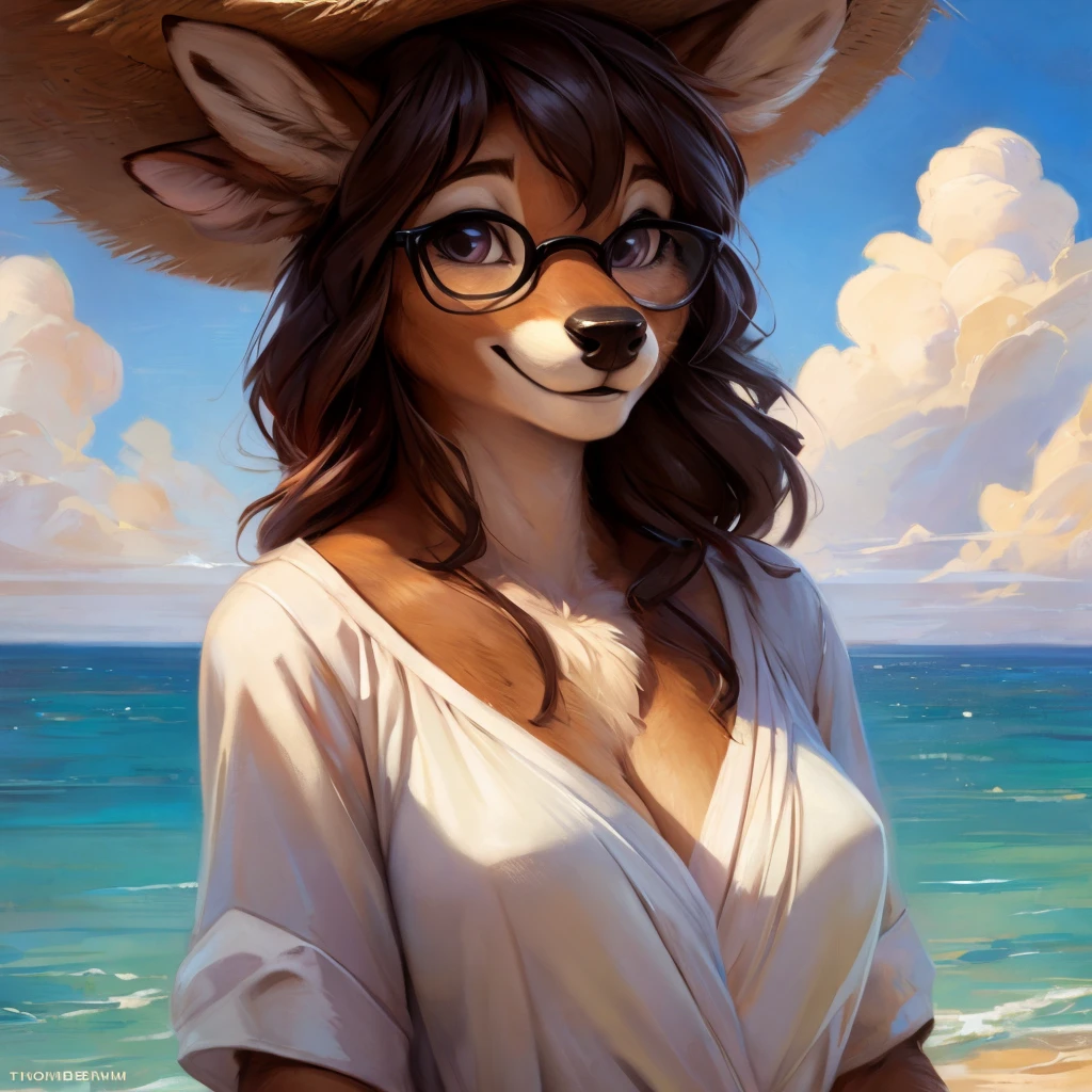 uploaded on e621, by Pixelsketcher, by Bayard Wu, by Thomas Benjamin Kennington , by Einshelm, by hioshiru and kenket, Chunie, portrait, solo anthro female deer doe, with small featureless breasts, clear dark blue, cinematic lighting, day, sunny day, beach, stays in the sea, sea background, mediterranean background, horizon background, shiny, short curly dark brown hair, wears big black nerd glasses, very very beautiful furry art, furry art, smiling, joyful, shiny, happy, feminine, cute face, muzzle, fluffy chest, flawless face, Fallow deer, 1girl, Sakimichan is beautiful, Masterpiece, Wavethesallow Face, shiny, Detailed image, portrait, Detailed image, portrait, full body, wearing wide, long, white blouse, wearing big and wide beige summer straw hat, shiny, realistic face, perfect anatomy, hourglass body, (furry body:1.1), anthropomorphic deer, looks at the viewer, small fluffy tail, detailed background, (cute anatomy:1.1), windy, smiling, very happy, happy