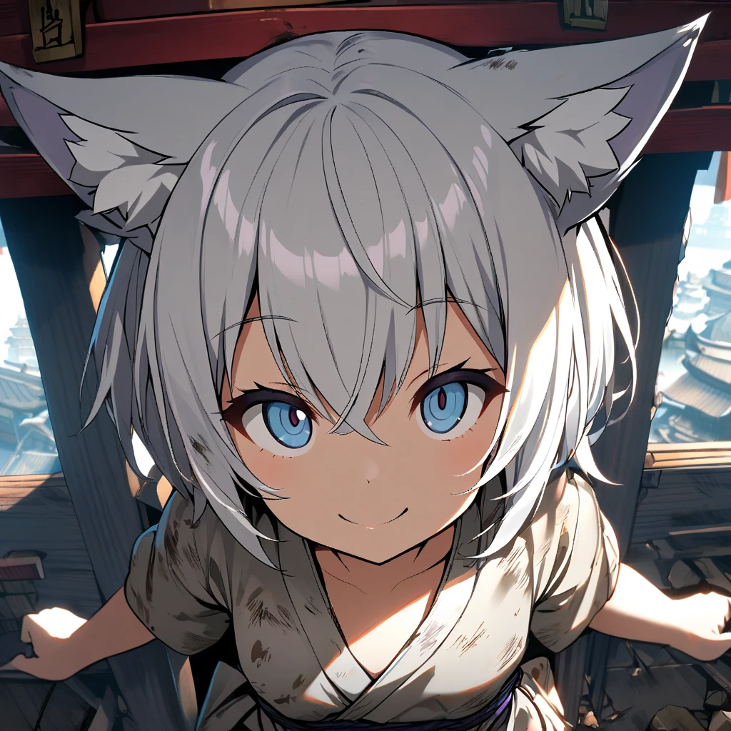1girl,solo,short hair,white hair color,fox ear,drooping eyes,dirty kimono,small breasts,short stature,looking at viewer,Taken from the viewpoint above,upturned eyes,smile,Shrines in shambles,