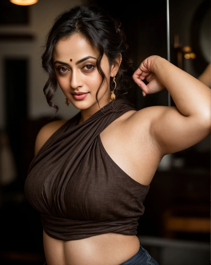 Looks like Sandeepa Dhar, a photo portrait of a beautiful girl 40 years old Woman, curvy hot mommy figure, fleshy figure, with curls, styled black hair, (face portrait:1.5), dramatic light, Rembrandt lighting scheme, bust shot, linen tank top , top quality editorial photograph, skin texture, skin pores, chocolate skin, high quality skin, top quality photography, professional photography, professional retouching, insane detailing, warm moody tones, modern clothes, highly detailed armpits,