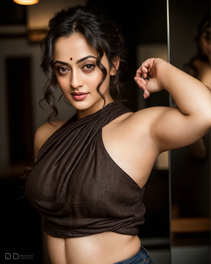 Looks like Sandeepa Dhar, a photo portrait of a beautiful girl 40 years old, mommy figure, fleshy figure, with curls, styled black hair, (face portrait:1.5), dramatic light, Rembrandt lighting scheme, bust shot, linen tank top , top quality editorial photograph, skin texture, skin pores, chocolate skin, high quality skin, top quality photography, professional photography, professional retouching, insane detailing, warm moody tones, modern clothes, highly detailed armpits, naked