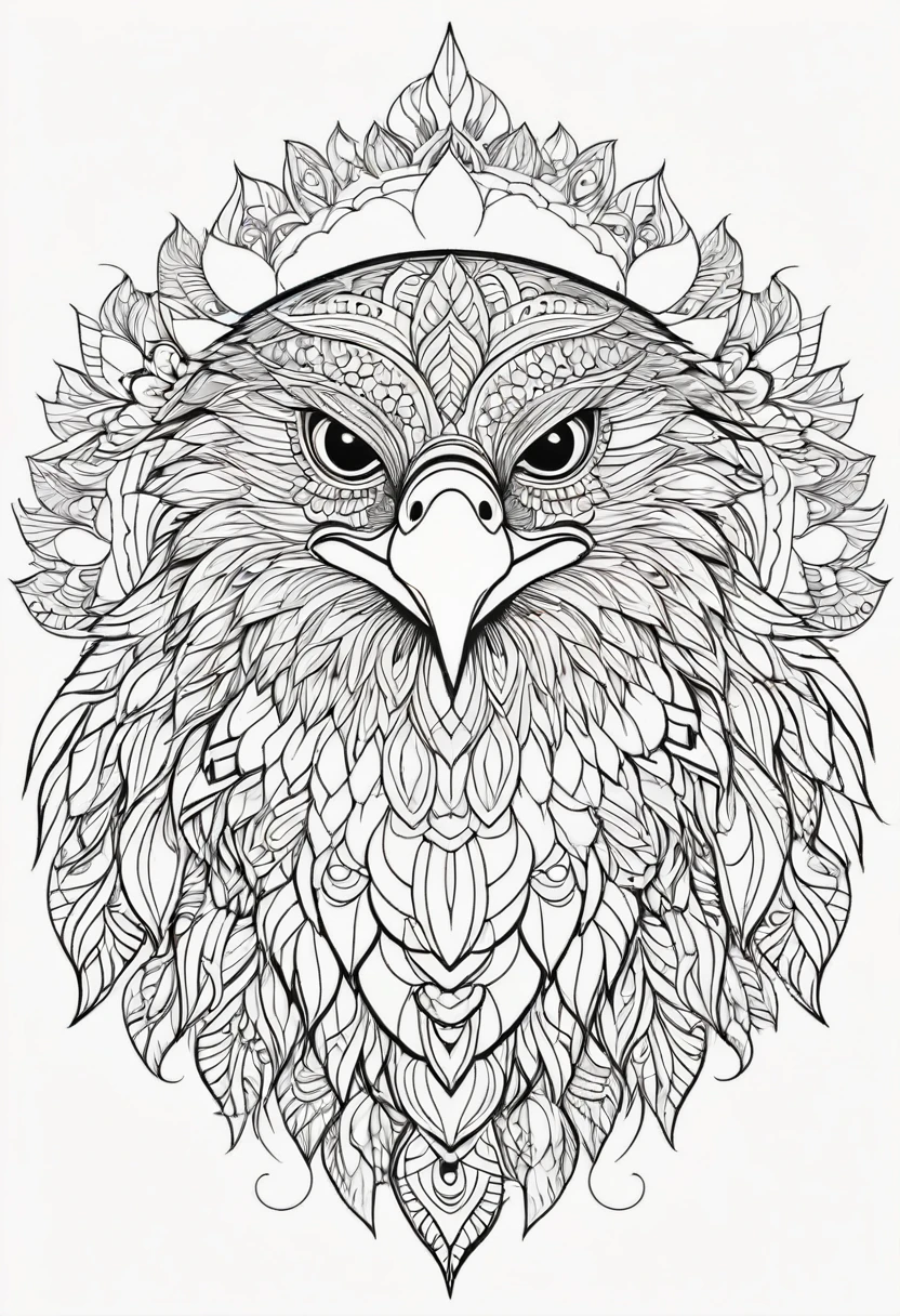 happy white and black eagle, Simplified Mandala style, outline, vector, white background