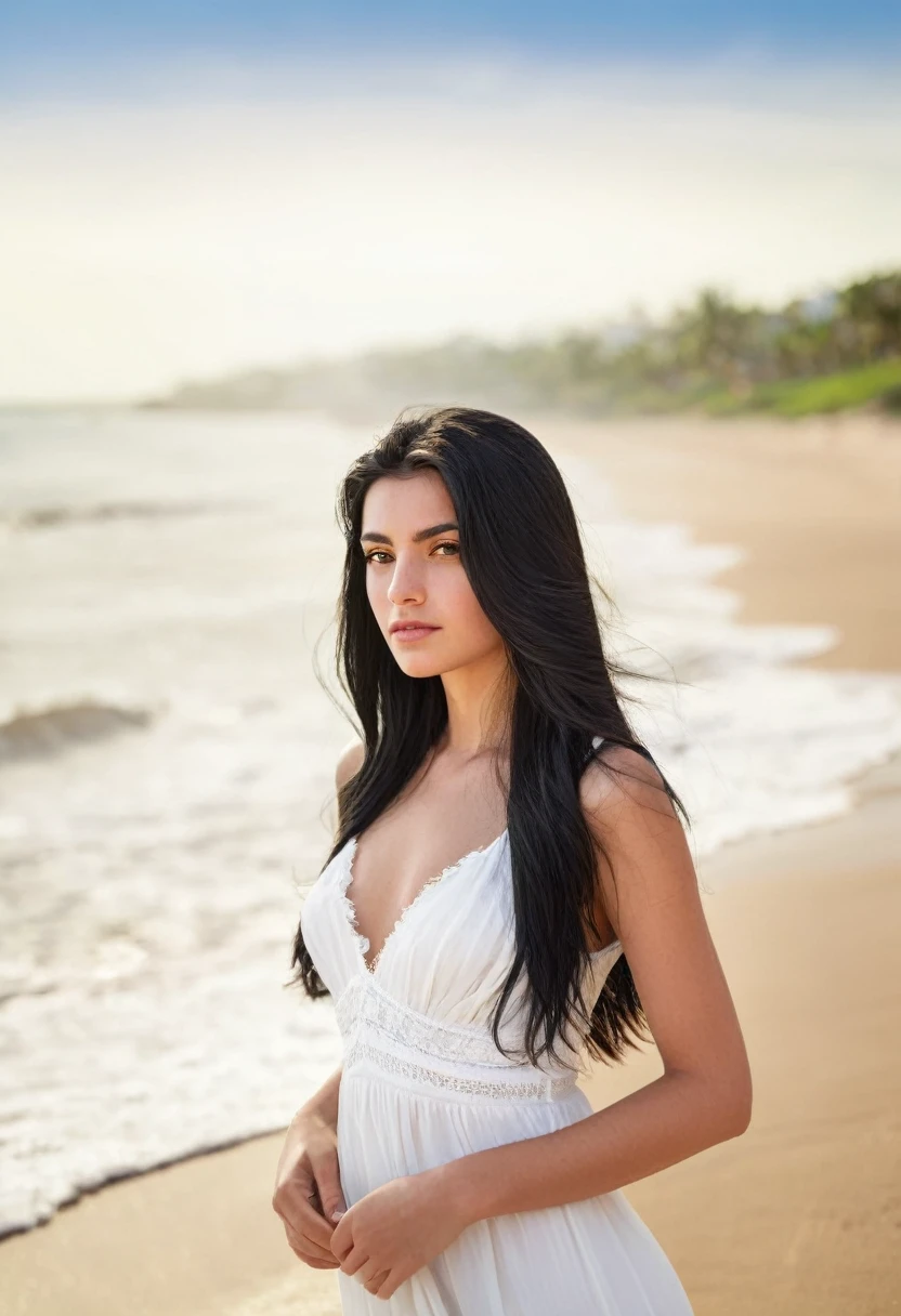 A photorealistic portrait of a 21-year-old French woman of Colombian origin with long, flowing black hair. The background should be a sunny beach. She must be facing away and wearing an elegant white dress. Capture this image with high-resolution photography using an 85mm lens for a flattering perspective.