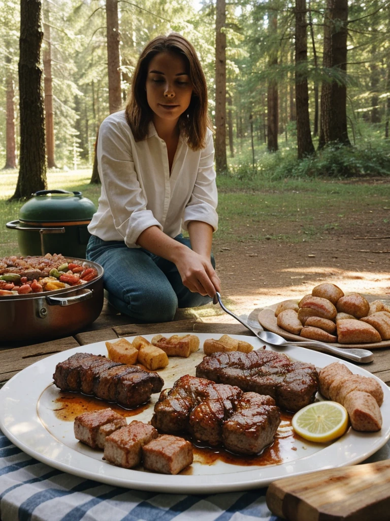 a beautiful woman wearing a white shirt, outdoor cooking meats, camping, bbq, forest, snow, river, photorealistic, 8k, highly detailed, serene, peaceful, warm lighting, natural colors, soft shadows, depth of field, cinematic composition