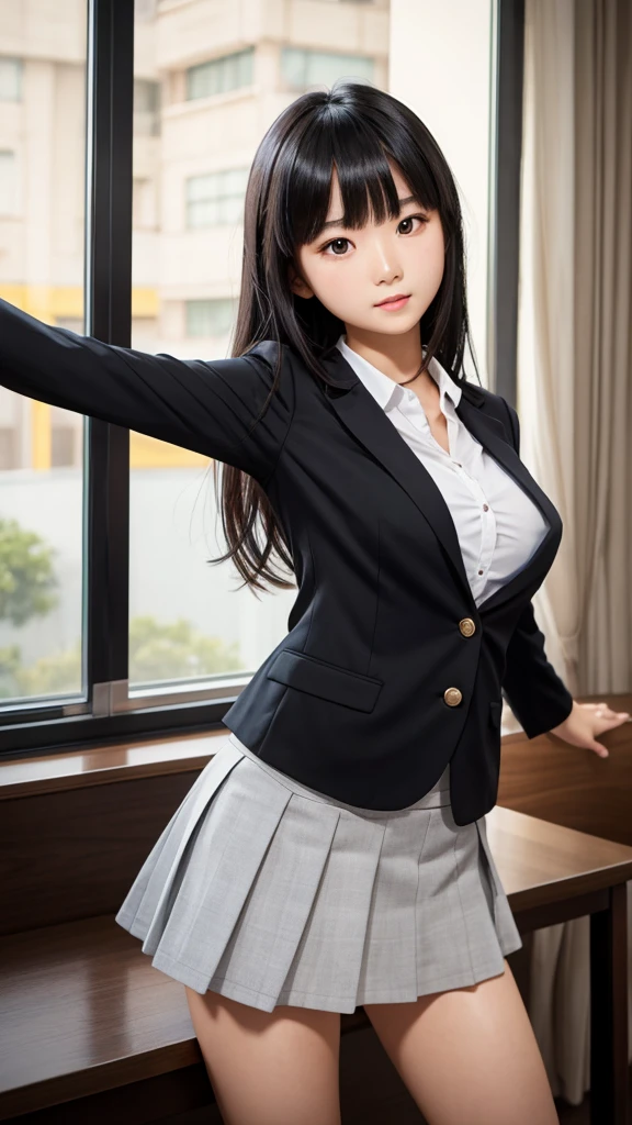 ((Tabletop)), (Detailed face), (highlight),　Asian Girl、thigh、Black Hair、Heavy bangs、high school girl、skirt、blazer、Support your chest with your arms、Gazing Eyes、