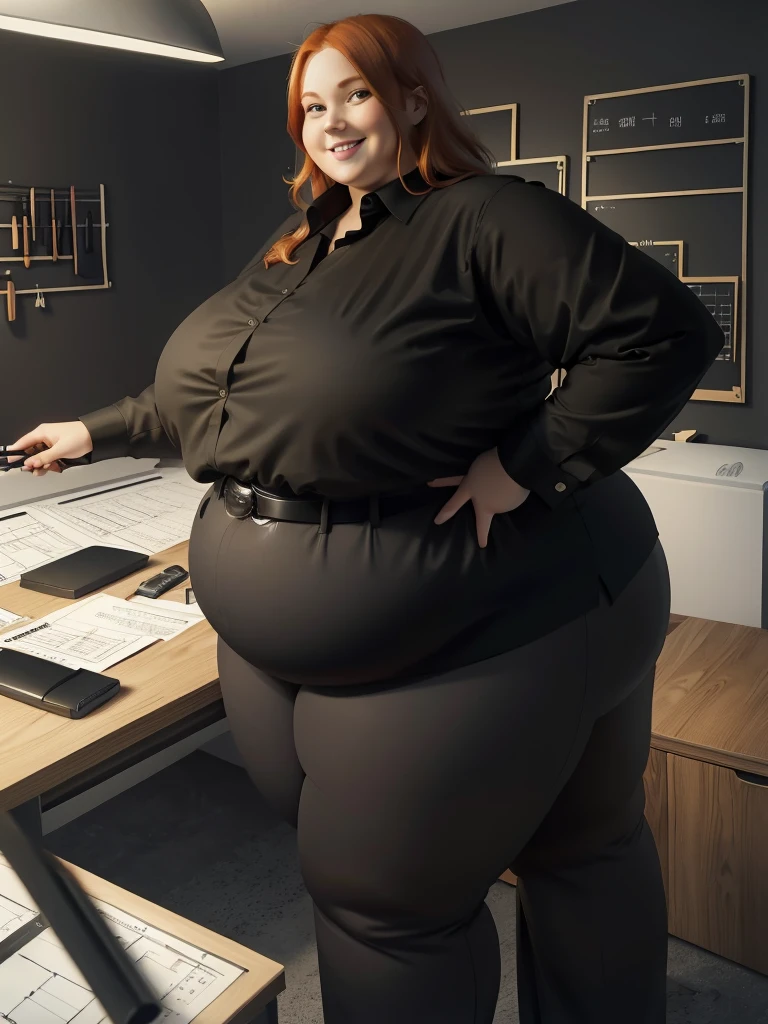 A happy and excited photo of a Beautiful ginger architect SSBBW, with long wavy light Brownish-ginger hair, with big soft fat belly, thicc fat arms, thicc wide legs, big breast, in long gray pants, long black shirt tucked in her pants, black belt, blach elegant shoes in her new modern architect office with a lot of building models and house blueprints, building blueprints on walls, huge window