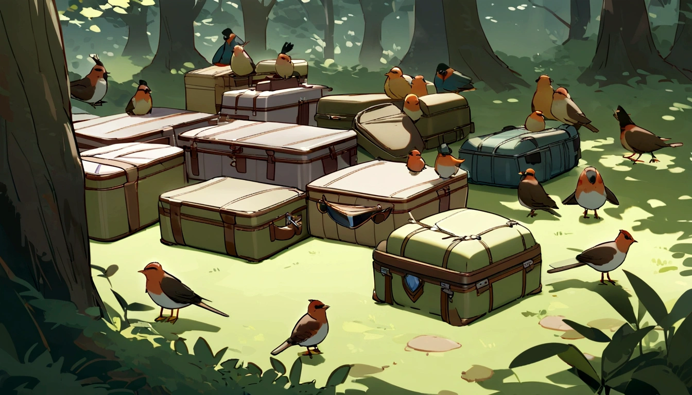 "In a quiet forest clearing, a group of birds is preparing for their annual migration."(Quick shots of various birds packing tiny suitcases and putting on goggles)