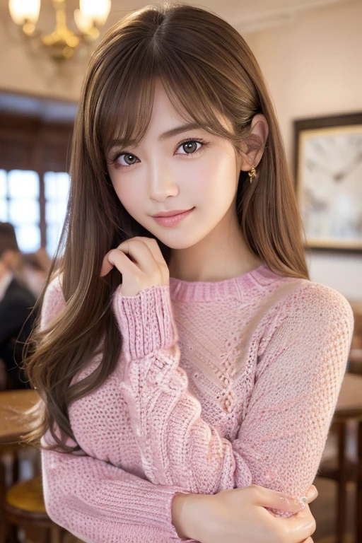(masterpiece:1.5)、(Realistic:1.5)、(Highest quality:1.4、8K、RAW Photos)、 Ultra-high resolution、Professional Lighting、Perfect dynamic composition、Photo shoot at an antique and stylish cafe、 Film Grain、chromatic aberration、(Bokeh:1.1)、 Frank、Sophisticated、charm、超Realistic、High detail、Golden Ratio、 girl)、細身のgirl、繊細でcharmgirl、Cute Woman:1.4、 Serious expression、Looking at the audience、Sculptural installation、Light brown hair、Shiny Hair、Long Hair、 Realistic Skin、 smile、Beautiful Eyes、double eyelid、Thin arms、(Wearing a pink knitted sweater:1.3)
