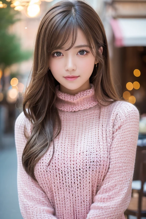 (masterpiece:1.5)、(Realistic:1.5)、(Highest quality:1.4、8K、RAW Photos)、 Ultra-high resolution、Professional Lighting、Perfect dynamic composition、Photo shoot at an antique and stylish cafe、 Film Grain、chromatic aberration、(Bokeh:1.1)、 Frank、Sophisticated、charm、超Realistic、High detail、Golden Ratio、 girl)、細身のgirl、繊細でcharmgirl、Cute Woman:1.4、 Serious expression、Looking at the audience、Sculptural installation、Light brown hair、Shiny Hair、Long Hair、 Realistic Skin、 smile、Beautiful Eyes、double eyelid、Thin arms、(Wearing a pink knitted sweater:1.3)