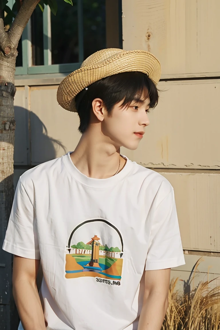 Nansheng,One boy,alone,Male Focus,,Day,Realistic,shirt,Grass,Upper Body, Tshirt,Mouth closed,(Best Shadow),Complex, bright, Lens Distortion Correction,(Best Shadow),Complex, bright, Lens Distortion Correction、Cafe、profile、Face down、hat、