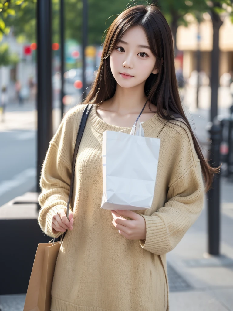 shopping、paper bag、one piece、(Highest quality)、((Very detailed))、4K、(8K)、masterpiece、Very detailedな、Highest quality、Super Resolution、1 person、Kind Face、Soft Light、RAW quality、Soft Skin、163cm、30 years old、Shin swelling