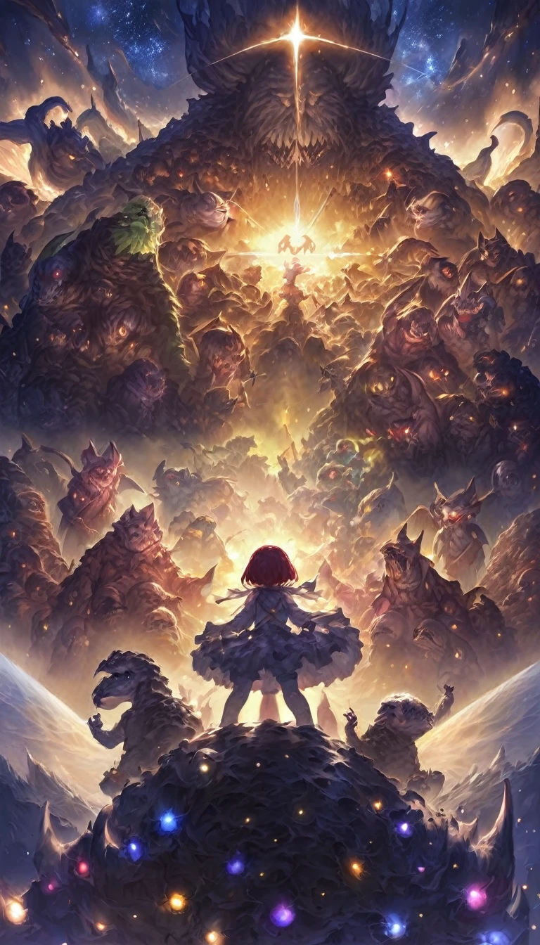 Highest quality、masterpiece、Space Monsters、Humanity facing off against monsters、war、優しいwar、love&piece、Darkness、Light of hope、