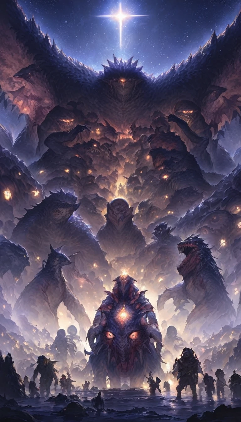 Highest quality、masterpiece、Space Monsters、Humanity facing off against monsters、war、優しいwar、love&piece、Darkness、Light of hope、