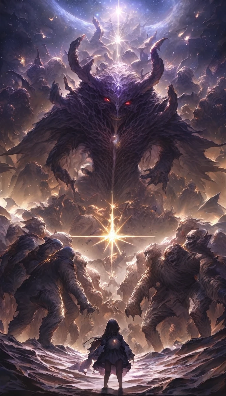 Highest quality、masterpiece、Space Monsters、Humanity facing off against monsters、war、優しいwar、love&piece、Darkness、Light of hope、