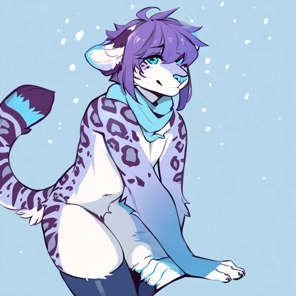 adult, feline, mammal, anthro, anthromorphic, snow, leopard, striped_feline, fur, furred_anthro, fluffy_tail. femboy, male, bangs, ear_tufts, blue_nose, blue_fingers, hair_tuft, hair_between_eyes, short_tail, fluffy, feline_ears, expressive_eyes, purple_hair, light looking_at_viewer, legs, legs_visible, thighs, blue_paws, blue_fur, shy, small_pupils, spotted_pattern, stripes, tail, tail_connected_to_body tiger_stripes, digital_art, high_resolution, high_res, tealblue_background fit, thigh_high, thigh_high_socks, blue_thigh_high_socks, light_blue_and_white_striped