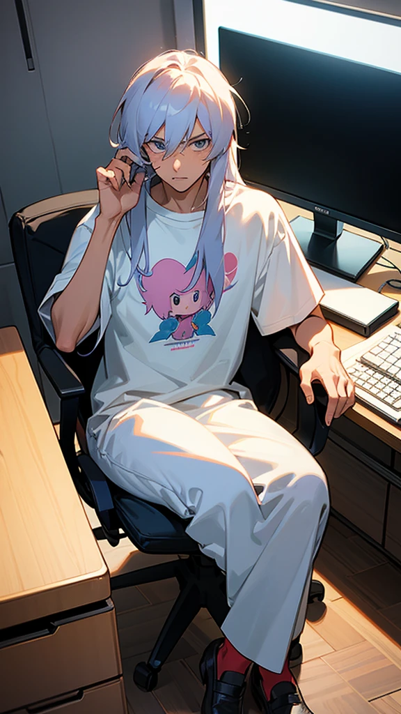  18 years older gentleman man wearing T-shirt  cartoon anime image sitting on computer chair long hair 