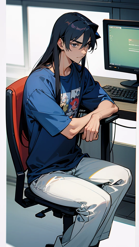 18 years older gentleman man wearing T-shirt cartoon anime image sitting on computer chair long hair