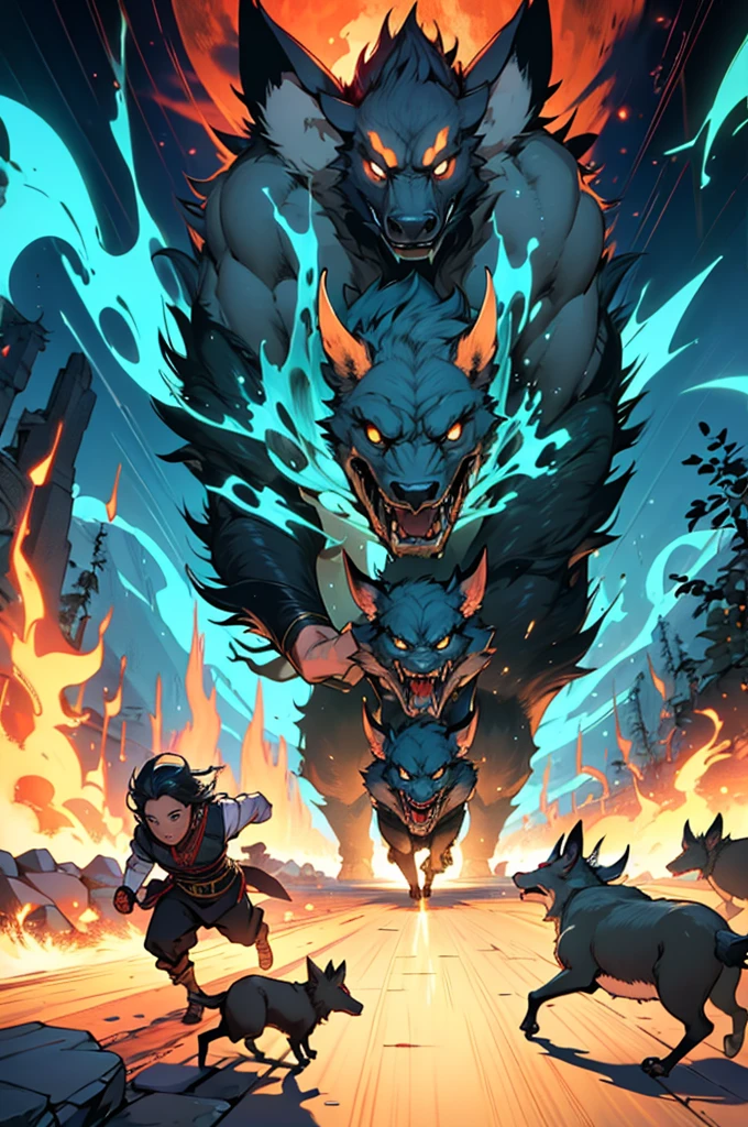 2 girls, nude, full body, female, saggy tits, mount, giant beast, red cape, leather gloves, winter background, pale skin, green hair, yellow eyes, angry, fire hands, muscle, pussy