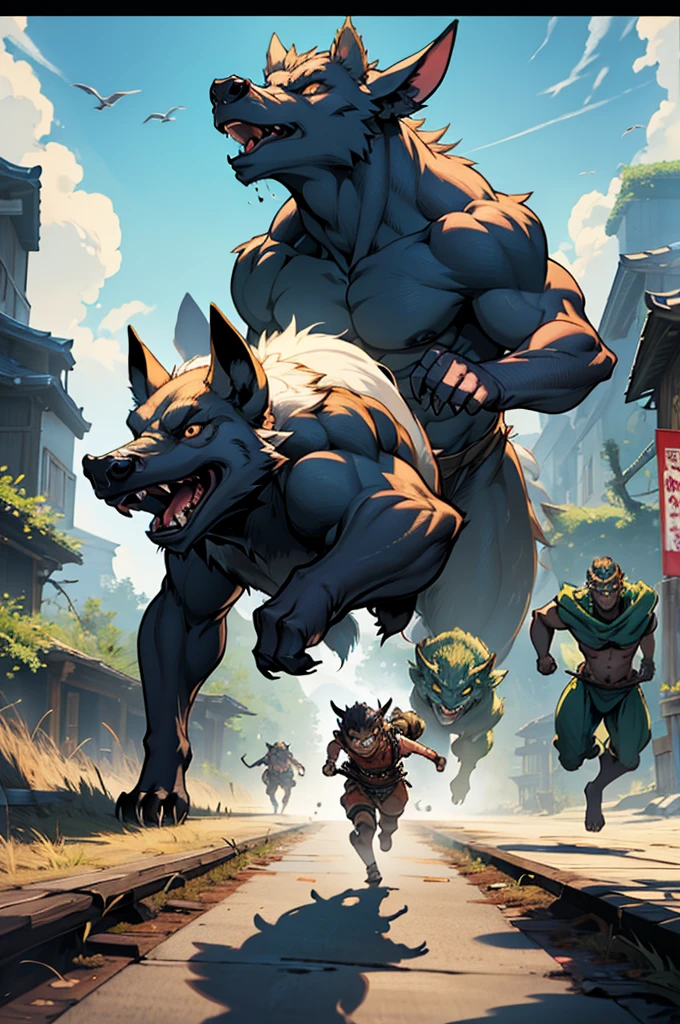 An image of various oriental-style monsters heading in all directions around the screen., ghost, wild boar, fox, Goblins, etc. appear, Monsters running out in all directions from the center point of the screen, Monsters of similar size