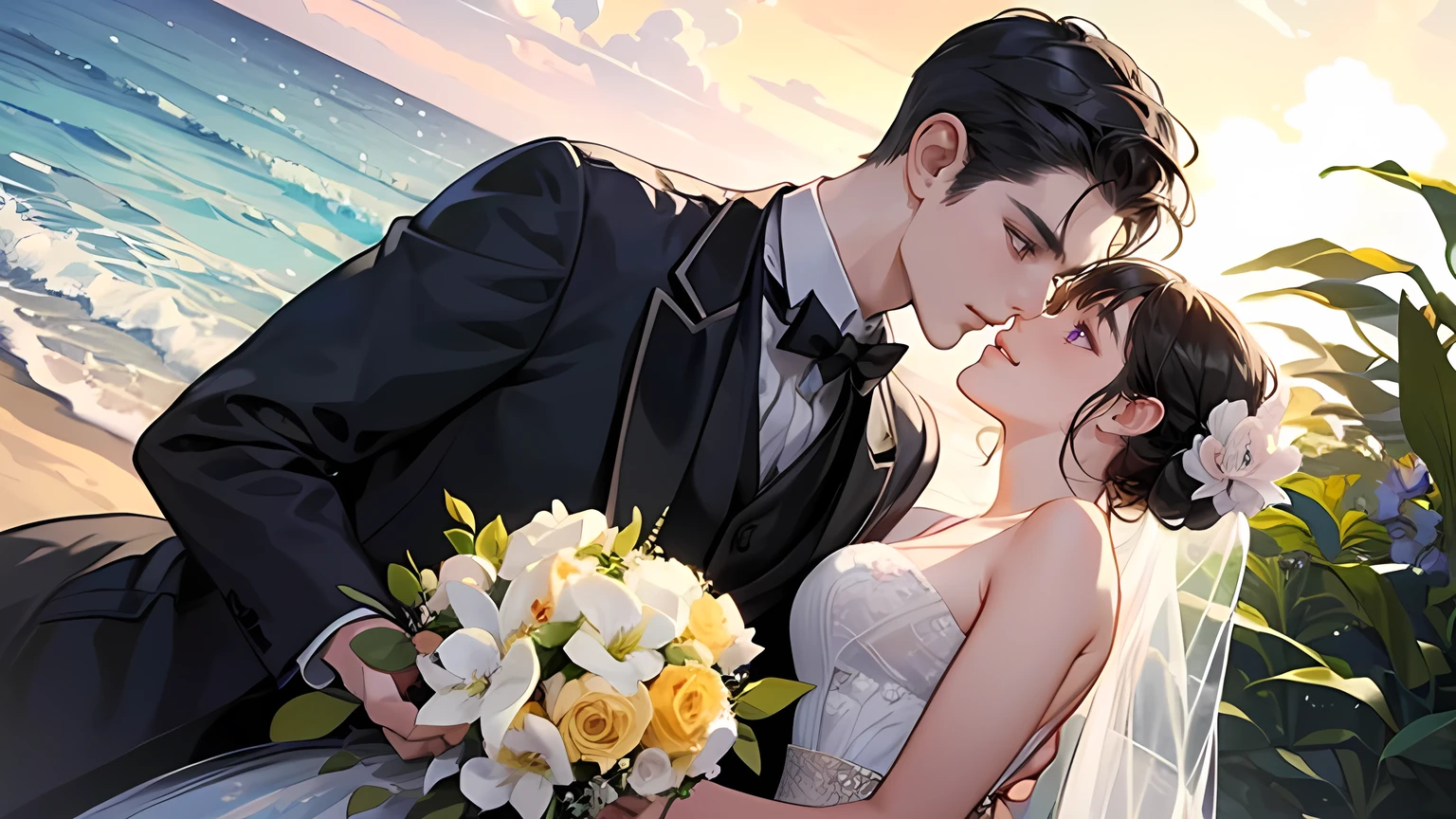 digital illustration, 4K, 8K, very detailed, beautiful image, clear image, perfect face, perfect line, perfect eyes, soft lighting)husband and wife, 1 man, 1 woman, bright smile, Woman with long dark black bangs and purple eyes)), Man with short black hair and dark gray eyes, woman wearing wedding dress,bouquet of lilies in hand, man in tuxedo, Beach, sunlight