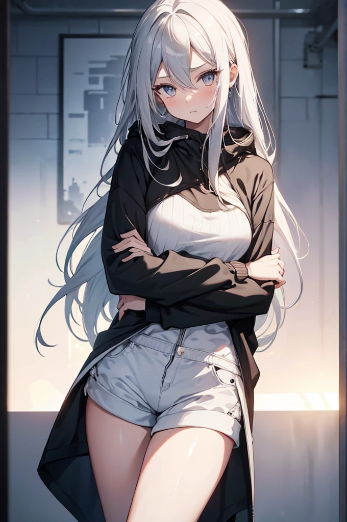1girl, {Solitary}, Upper Body ,{{ {Watching at viewer}}}, Arms at your sides, Concept Art, white Background, simple Background, White hair, Silver gradient hair , Composite cloth, Asymmetrical clothes, Virtual YouTuber, best quality, masterpiece, Dynamic Angle, guilty gear, guilty gear, guilty gear, cowboy_shooting, Watching_Back, grab, girl,Miss,woman, young,20 years old, Very long hair, Hair Flip, Silver Hair, Flowing hair, Ahog, giggle, Beautiful and delicate golden eyes, teeth, Moderate_breast, Blonde eyes, White skin, hoodie, Black_shorts, Gray clothes, transparent_Background, Backlighting, absurd, high resolution, Extremely detailed,sweater