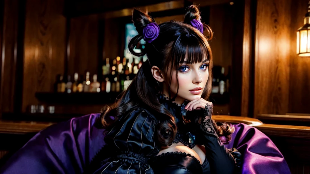 1girl,murasakishikibu, murasaki shikibu, brown hair, (purple eyes:1.1), long hair, big breast, BREAK black dress, dress,, frills, juliet sleeves, long sleeves, puff and slash sleeves, puffy sleeves, purple gemstone, sleeves past wrists, wide sleeves, cone hair bun, double bun, hair bun, hair ornament, long hair, two side up,BREAK (masterpiece:1.2),(beautiful detailed eyes:1.6), extremely detailed face, perfect lighting, extremely detailed CG, (perfect hands, perfect anatomy), siting in a bar