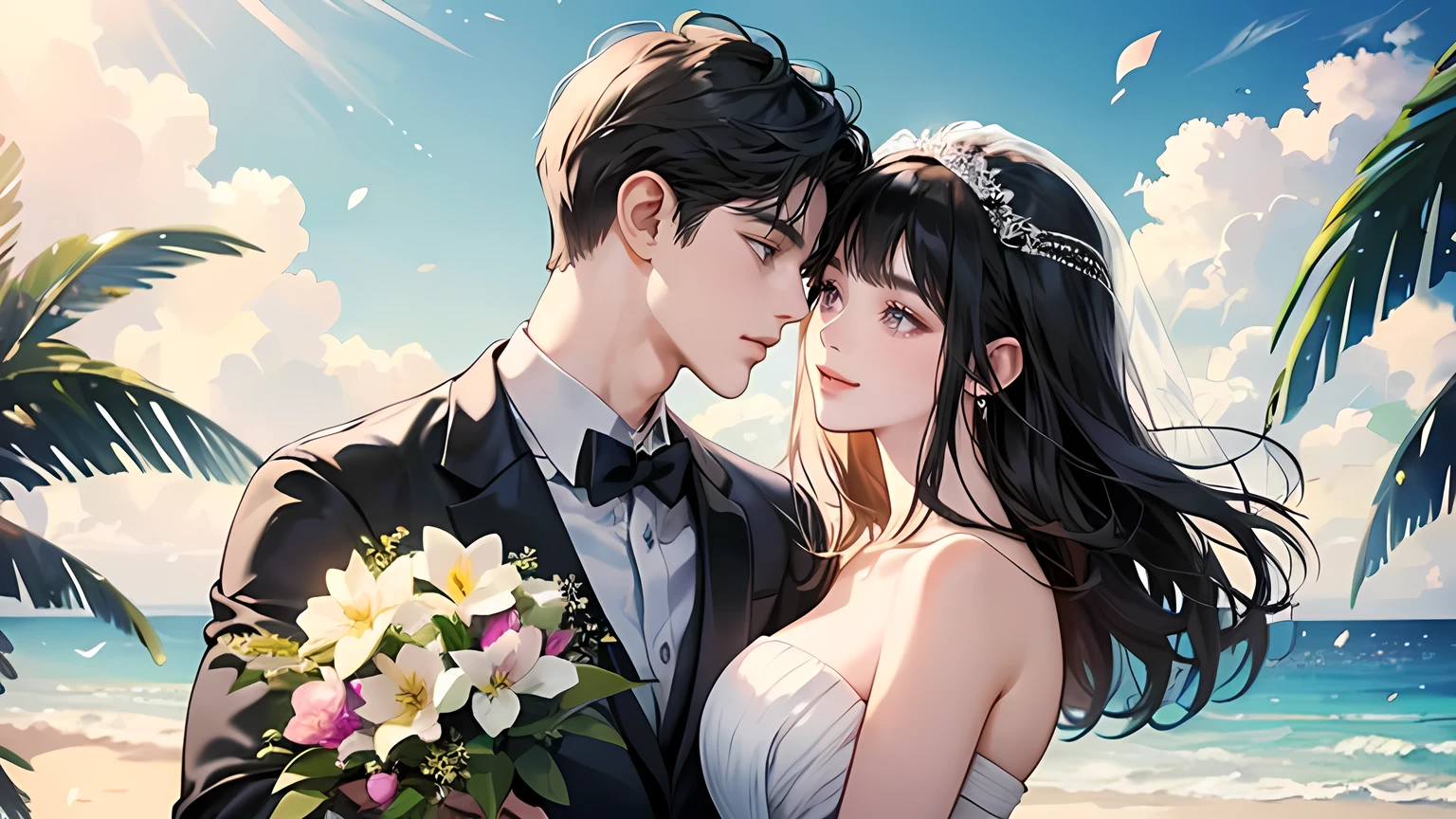 digital illustration, 4K, 8K, very detailed, beautiful image, clear image, perfect face, perfect line, perfect eyes, soft lighting)husband and wife, 1 man, 1 woman, bright smile, Woman with long dark black bangs and purple eyes)), Man with short black hair and dark gray eyes, woman wearing wedding dress，bouquet of lilies in hand, man in tuxedo, Beach, sunlight