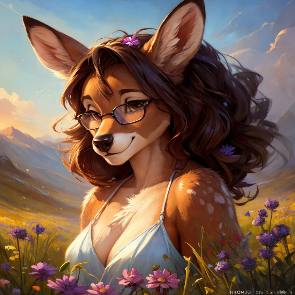 uploaded on e621, watercolor look, by Pixelsketcher, by Bayard Wu, by Thomas Benjamin Kennington , by Einshelm, by hioshiru and kenket, Chunie, portrait, solo anthro female deer doe, with small featureless breasts, clear dark blue, cinematic lighting, day, sunny day, lavender field, stays in a wildflowers field, wildflowers field background, mediterranean background, horizon background, shiny, short curly dark brown hair, wearing big black nerd glasses, very very beautiful furry art, furry art, smiling, joyful, shiny, happy, feminine, cute face, muzzle, fluffy chest, flawless face, Fallow deer, 1girl, Sakimichan is beautiful, Masterpiece, Wavethesallow Face, shiny, Detailed image, portrait, Detailed image, portrait, full body, wearing pure white short spaghetti straps dress, wearing a wildflowers wreath, shiny, realistic face, perfect anatomy, hourglass body, (furry body:1.1), anthropomorphic deer, looks at the viewer, small fluffy tail, detailed background, (cute anatomy:1.1), stands in a wildflowers field, wildflowers in hair
