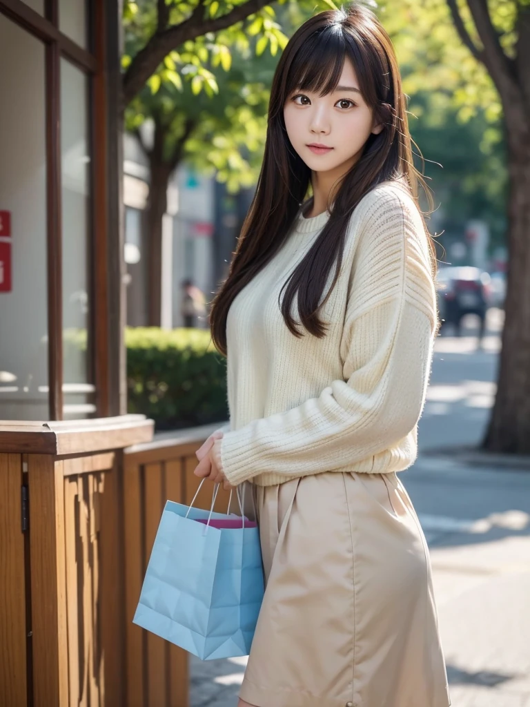 shopping、paper bag、one piece、(Highest quality)、((Very detailed))、4K、(8K)、masterpiece、Very detailedな、Highest quality、Super Resolution、1 person、Kind Face、Soft Light、RAW quality、Soft Skin、163cm、30 years old、Shin swelling