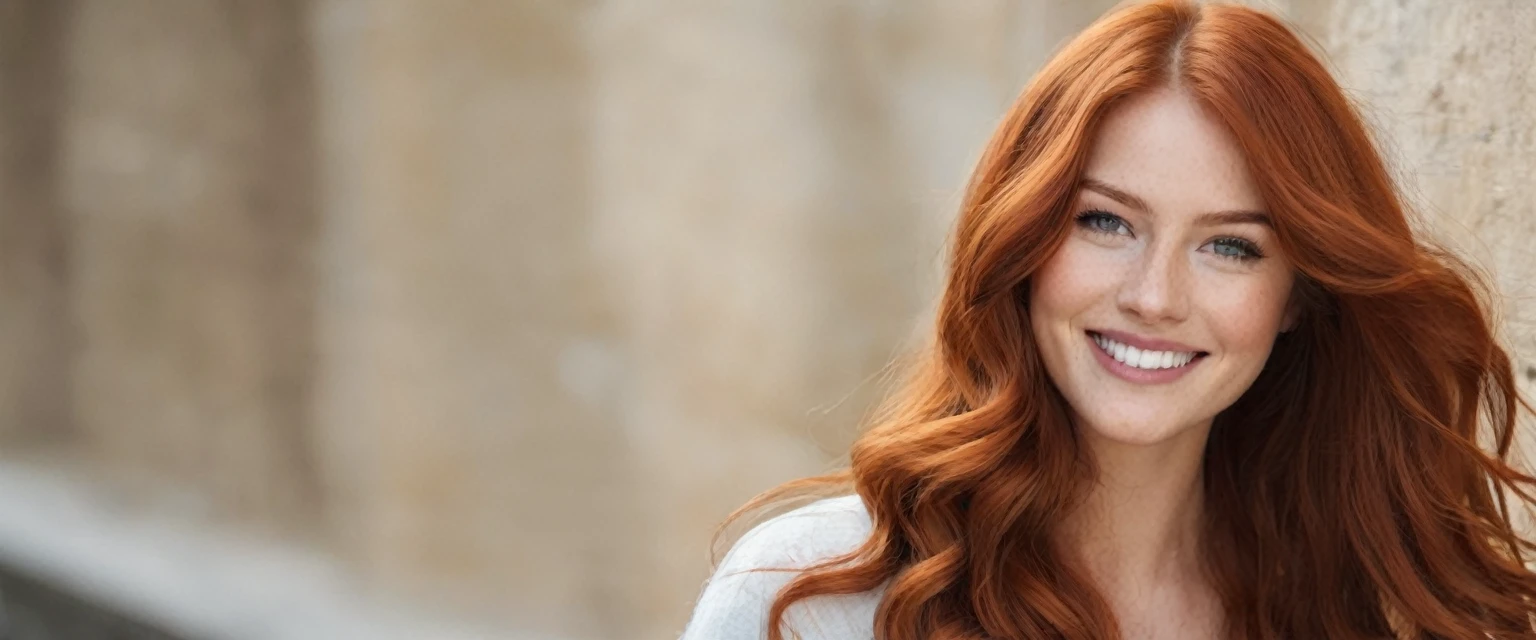 a high model, with long wavy red hair at the end , reddish mouth and cheeks, avec un sourire timide montrant ses dents et ses taches de rousseur, aux yeux bleu clair. I want that'she wears a long white skirt and a red top, assise dans un restaurant à Paris avec la Tour Eifel derrière elle.. Elle a une forme mince et une poitrine