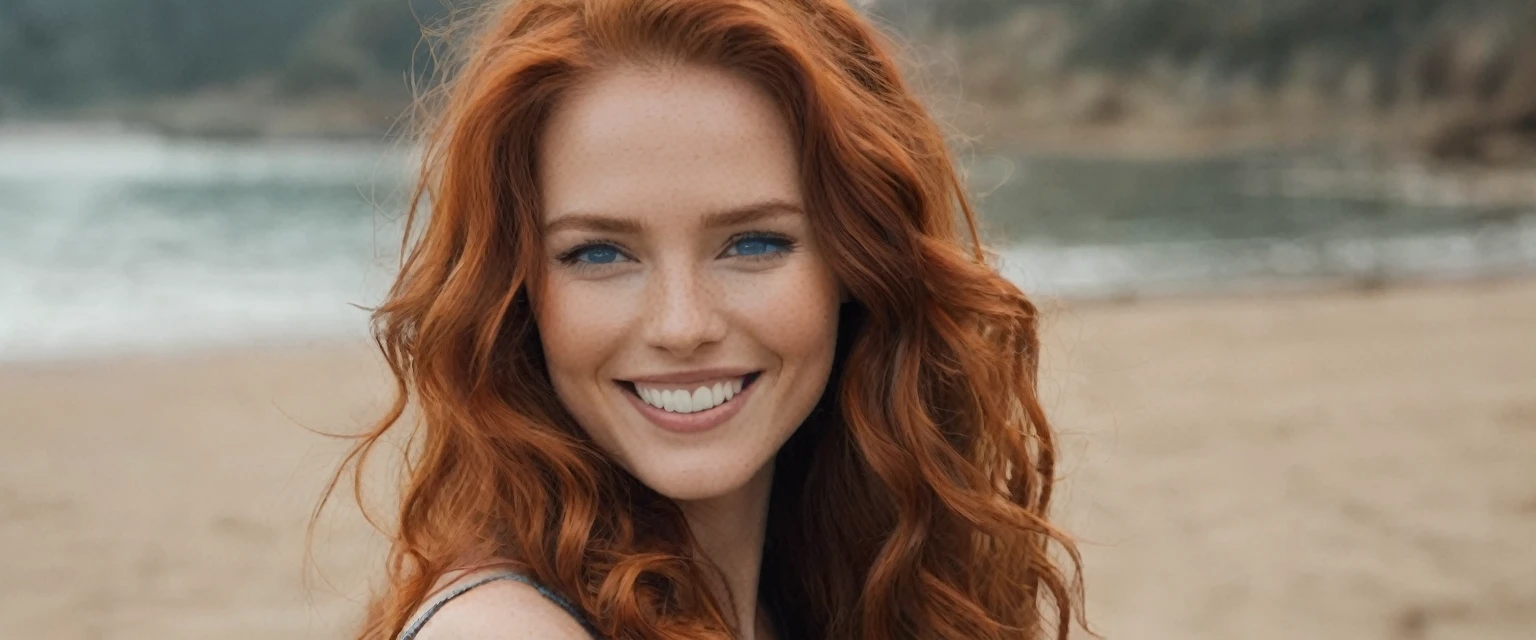 a high model, with long wavy red hair at the end , reddish mouth and cheeks, avec un sourire timide montrant ses dents et ses taches de rousseur, aux yeux bleu clair. I want that'she wears a long white skirt and a red top, assise dans un restaurant à Paris avec la Tour Eifel derrière elle.. Elle a une forme mince et une poitrine