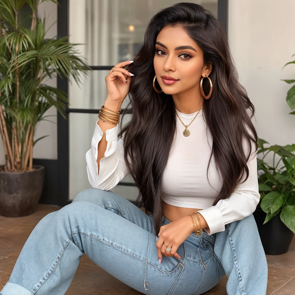 Create an ultra-realistic image of a modern, attractive female influencer of Indian descent, aged between 27 to 30. She should have a warm and inviting smile, expressive almond-shaped eyes with a slight shimmer, and clear, glowing skin with a medium brown complexion. Her features should be well-defined, with high cheekbones and a sharp jawline. Her hair should be long, thick, and wavy, with a natural shine and bounce, styled in a messy bun with a few strands framing her face. The hair should be dark brown with subtle golden highlights. She should have a slender yet athletic build, reflecting a healthy and active lifestyle, with a medium bust size (34-36 inches) that is balanced and proportionate. She is wearing a trendy kurta with jeans and a pair of juttis that complement her curves. Her outfit is completed with stylish black heeled sandals that add elegance to her look. She accessorizes with subtle yet chic jewelry, such as small hoop earrings and a few thin bangles. Her eyes should be bright light blue, creating a striking contrast. The background should be vibrant, featuring trendy coffee shops or cafes, suggesting a cosmopolitan lifestyle. Her overall appearance should exude confidence, approachability, and sophistication, capturing the essence of a contemporary Indian fashion influencer.