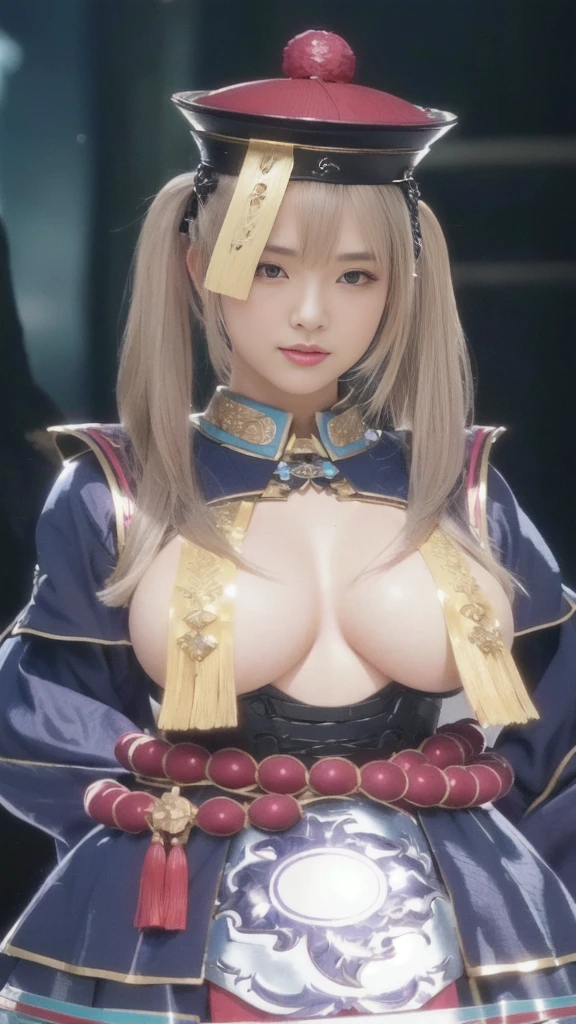 a close up of a woman in a costume with a hat on, 4 k detail fantasy, wearing shiny breastplate, close up character, character close up, hyperdetailed fantasy character, female character, japanese goddess, wearing kimono armor, photogenic details on armor, character close-up, thicc, costume with blue accents, high texture detail), photorealistic anime girl render, realistic