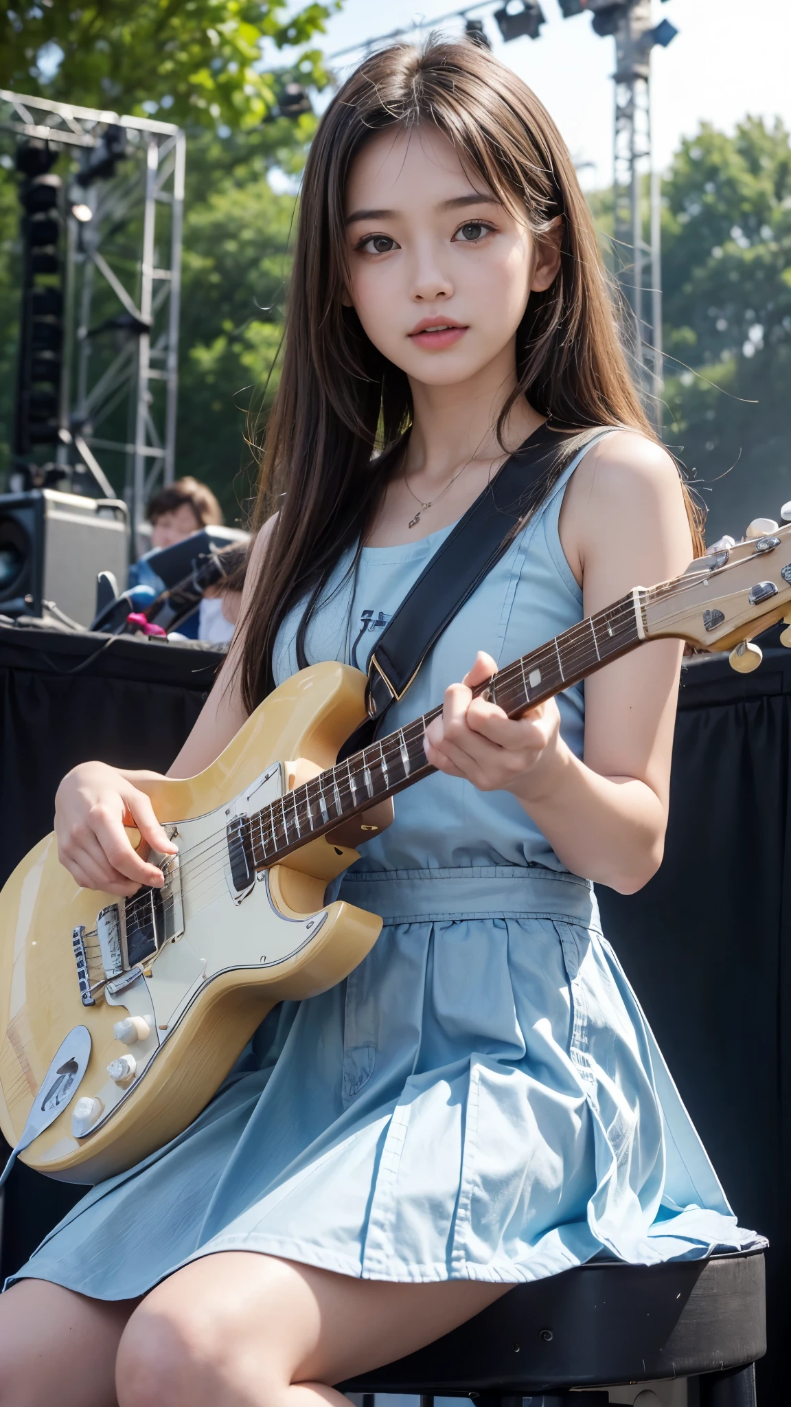 ((Beautiful girl playing electric guitar on outdoor stage)), Daytime outdoor live performance, audience, Great success, (Table Top), (Highest quality, 8K, masterpiece:1.2, RAW Photos), (Realistic:1.2), Japanese, (14 year old beautiful girl:1.2, Baby Face:1.5, Idol's face:1.3), Stand with your feet apart, Thin thighs, Knee-high, (Oversized T-shirt:1.2, Panty shot:1.3), (Beautiful breasts:1.2, Fascinating Cleavage:1.3), Silky beautiful hair, Short pigtails, ((Detailed eyes and face:1.2, Professional photography techniques, Stage lighting)), (Detailed hands, A girl's small and beautiful hands:1.2),