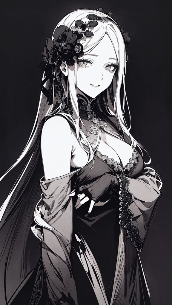 Highest quality, (Background details), High Contrast, Very beautiful woman, Detailed original illustrations、functional、Priest、White Robe、Si Jiaoguan、Delicate face、Charm、Villainess、sexy、Real breasts、Crazy Smile, Crazy Eyes, Black background, (Black background: 1.5), Beautiful line art、Monochrome