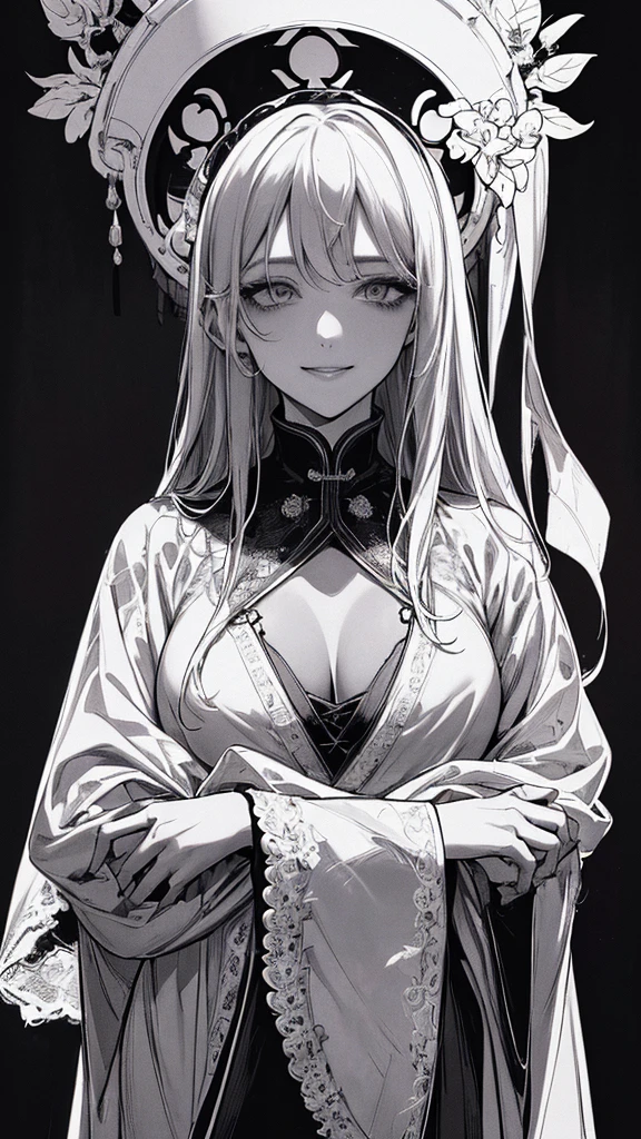 Highest quality, (Background details), High Contrast, Very beautiful woman, Detailed original illustrations、functional、Priest、White Robe、Si Jiaoguan、Delicate face、Charm、Villainess、sexy、Real breasts、Crazy Smile, Crazy Eyes,  Black background, (Black background: 1.5), Beautiful line art、Monochrome