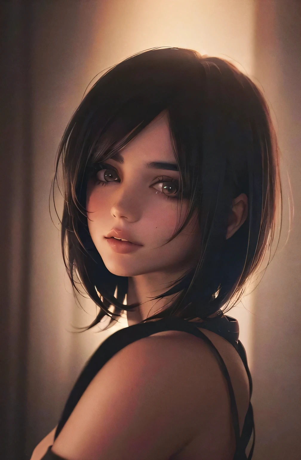 (RAW photo, best quality), (realistic, photo-realistic:1.2), 1girl, high quality, (high detailed skin:1.4), puffy eyes, gorgeous hair,   (dark room:1.3), (rim lighting:1.3), (dimly lit:1.3), (dark night:1.3), indoors, portrait, black hair, dark background, short hair,