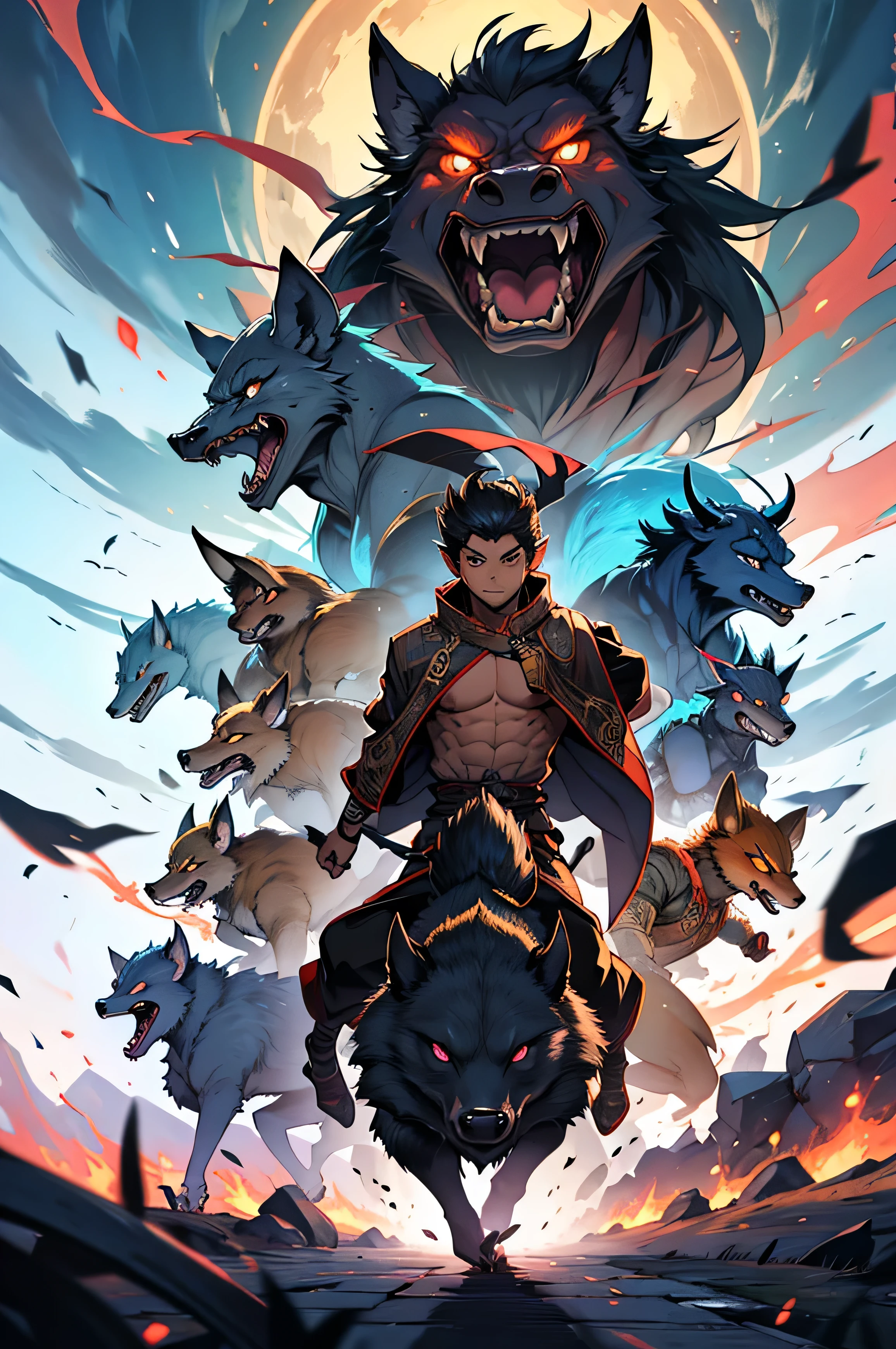 An image of various oriental-style monsters heading in all directions around the screen., ghost, wild boar, fox, Goblins, etc. appear, Monsters running out in all directions from the center point of the screen, Monsters of similar size, A variety of actions