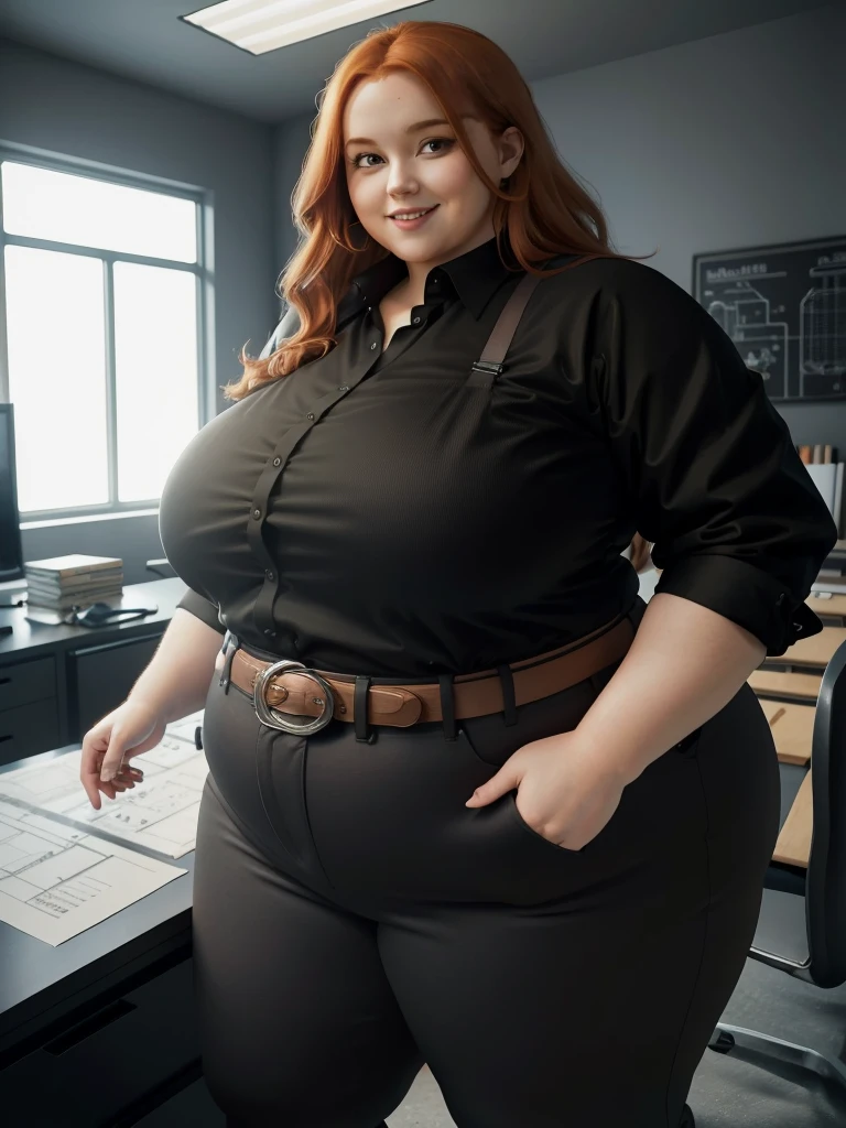 An happy and excited photo of a Beautiful ginger architect BBW, with long wavy light Brownish-ginger hair, with big soft fat belly, thicc fat arms, thicc wide legs, big breast, in black pants, long black shirt tucked in her pants, black belt and black blouse in her new modern architect office with building models and blueprints