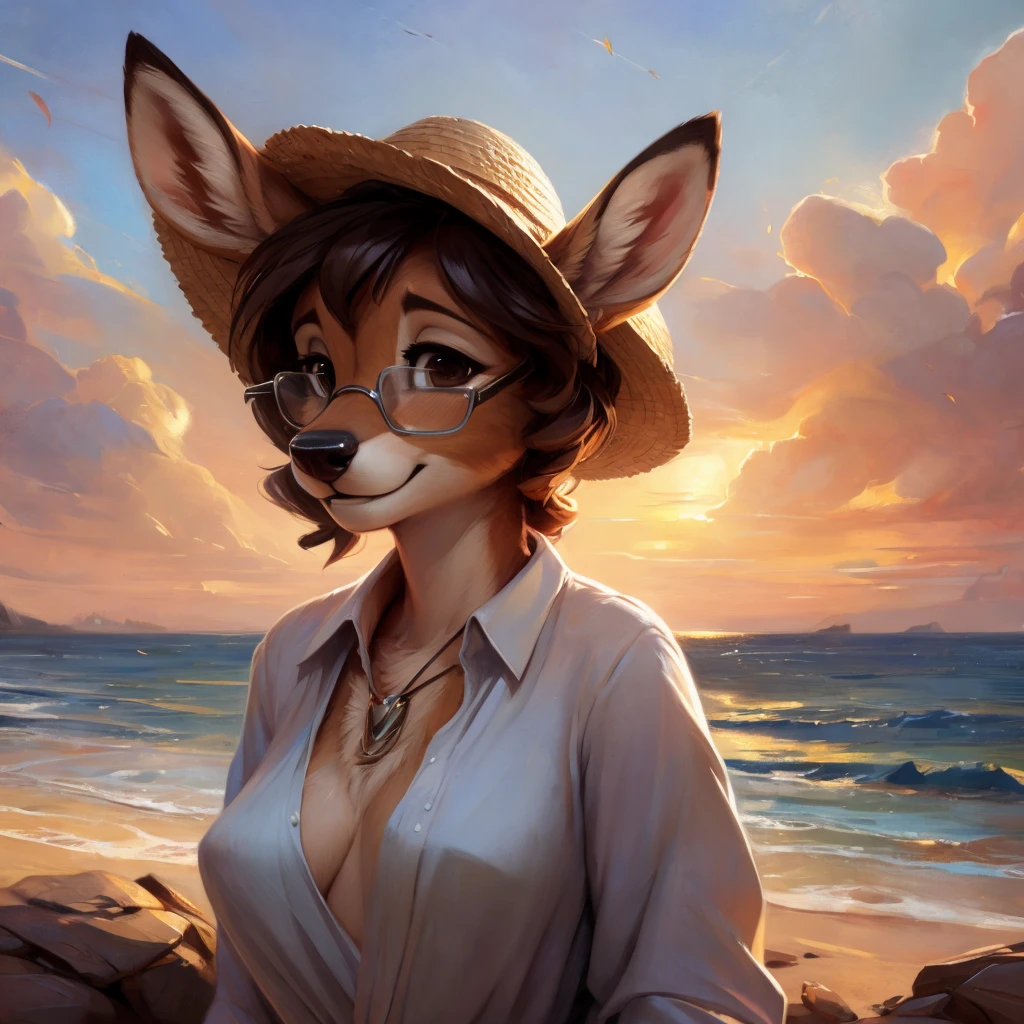 uploaded on e621, by Pixelsketcher, by Bayard Wu, by Thomas Benjamin Kennington , by Einshelm, by hioshiru and kenket, Chunie, portrait, solo anthro female deer doe, with small featureless breasts, clear dark blue, cinematic lighting, day, sunny day, beach, stays in the sea, sea background, mediterranean background, horizon background, shiny, short curly dark brown hair, wears big black nerd glasses, very very beautiful furry art, furry art, smiling, joyful, shiny, happy, feminine, cute face, muzzle, fluffy chest, flawless face, Fallow deer, 1girl, Sakimichan is beautiful, Masterpiece, Wavethesallow Face, shiny, Detailed image, portrait, Detailed image, portrait, full body, wearing wide, long, white blouse, wearing big and wide beige summer straw hat, shiny, realistic face, perfect anatomy, hourglass body, (furry body:1.1), anthropomorphic deer, looks at the viewer, small fluffy tail, detailed background, (cute anatomy:1.1), windy, smiling, very happy, happy