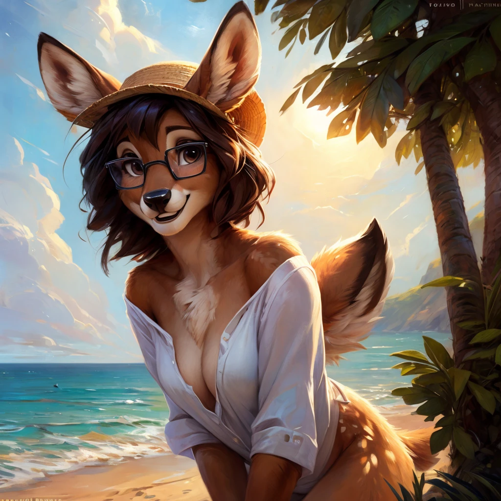 uploaded on e621, by Pixelsketcher, by Bayard Wu, by Thomas Benjamin Kennington , by Einshelm, by hioshiru and kenket, Chunie, portrait, solo anthro female deer doe, with small featureless breasts, clear dark blue, cinematic lighting, day, sunny day, beach, stays in the sea, sea background, mediterranean background, horizon background, shiny, short curly dark brown hair, wears big black nerd glasses, very very beautiful furry art, furry art, smiling, joyful, shiny, happy, feminine, cute face, muzzle, fluffy chest, flawless face, Fallow deer, 1girl, Sakimichan is beautiful, Masterpiece, Wavethesallow Face, shiny, Detailed image, portrait, Detailed image, portrait, full body, wearing wide, long, white blouse, wearing big and wide beige summer straw hat, shiny, realistic face, perfect anatomy, hourglass body, (furry body:1.1), anthropomorphic deer, looks at the viewer, small fluffy tail, detailed background, (cute anatomy:1.1), windy, smiling, very happy, happy