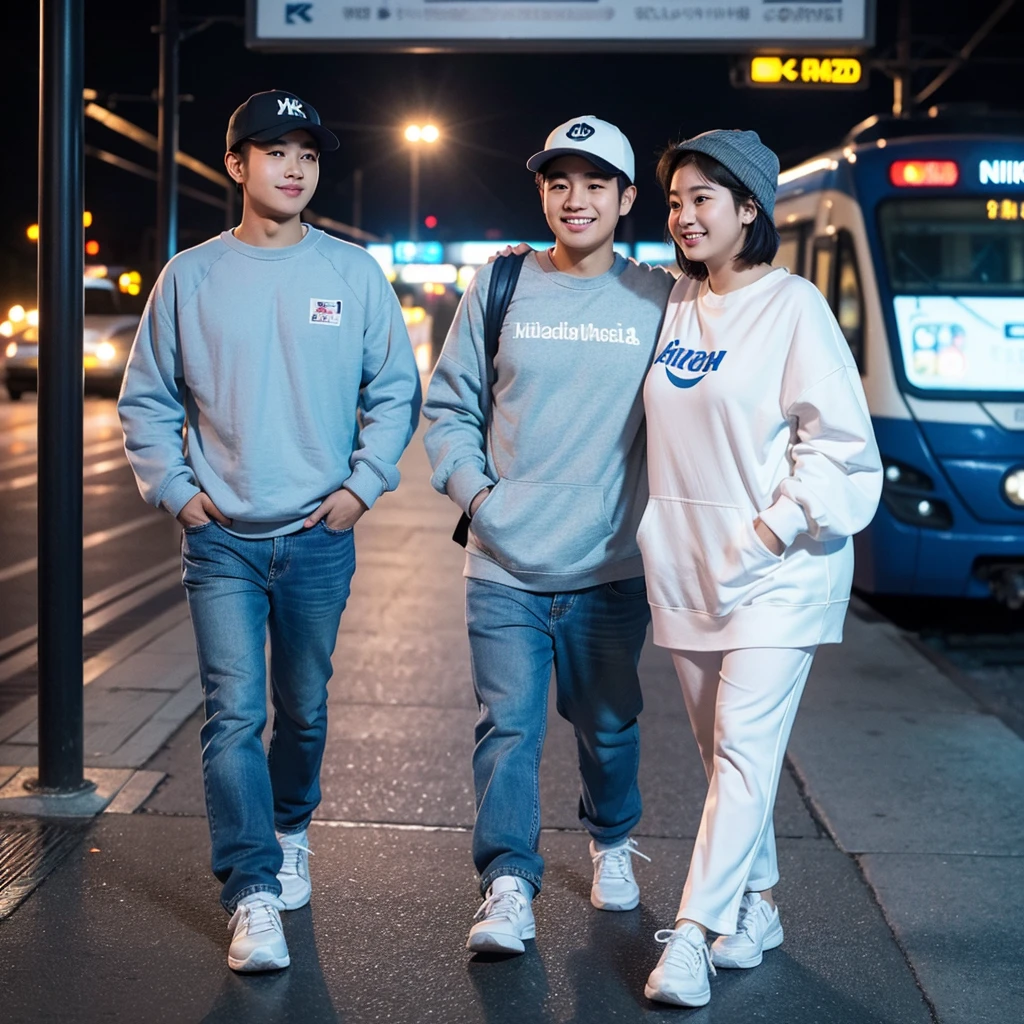 A young Asian man with short hair and an oval face, wearing a baseball cap and white sneakers, stands enjoying the evening scenery at a train station. He is accompanied by a chubby Asian woman wearing a hijab, long-sleeved white couple t-shirt, light blue street jeans, and white sneakers, with her head leaning on the man's shoulder, smiling. The photo is taken from the side, very realistic, captured by a Nikon 5200 camera, in the highest resolution, 8K UHD.